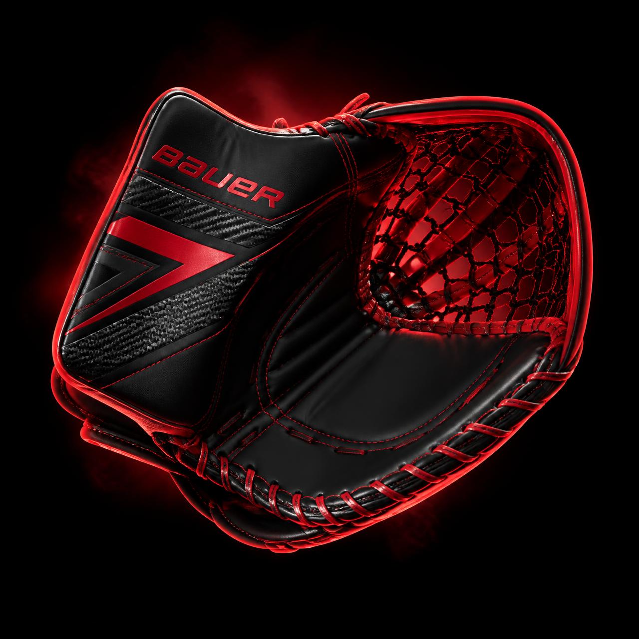 Custom black and red goalie catch glove with red skate lace pocket